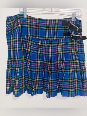 Skye by Brora Skirt Womens 16 Blue Plaid Pleated Kilt Wrap Leather Buckles Fall
